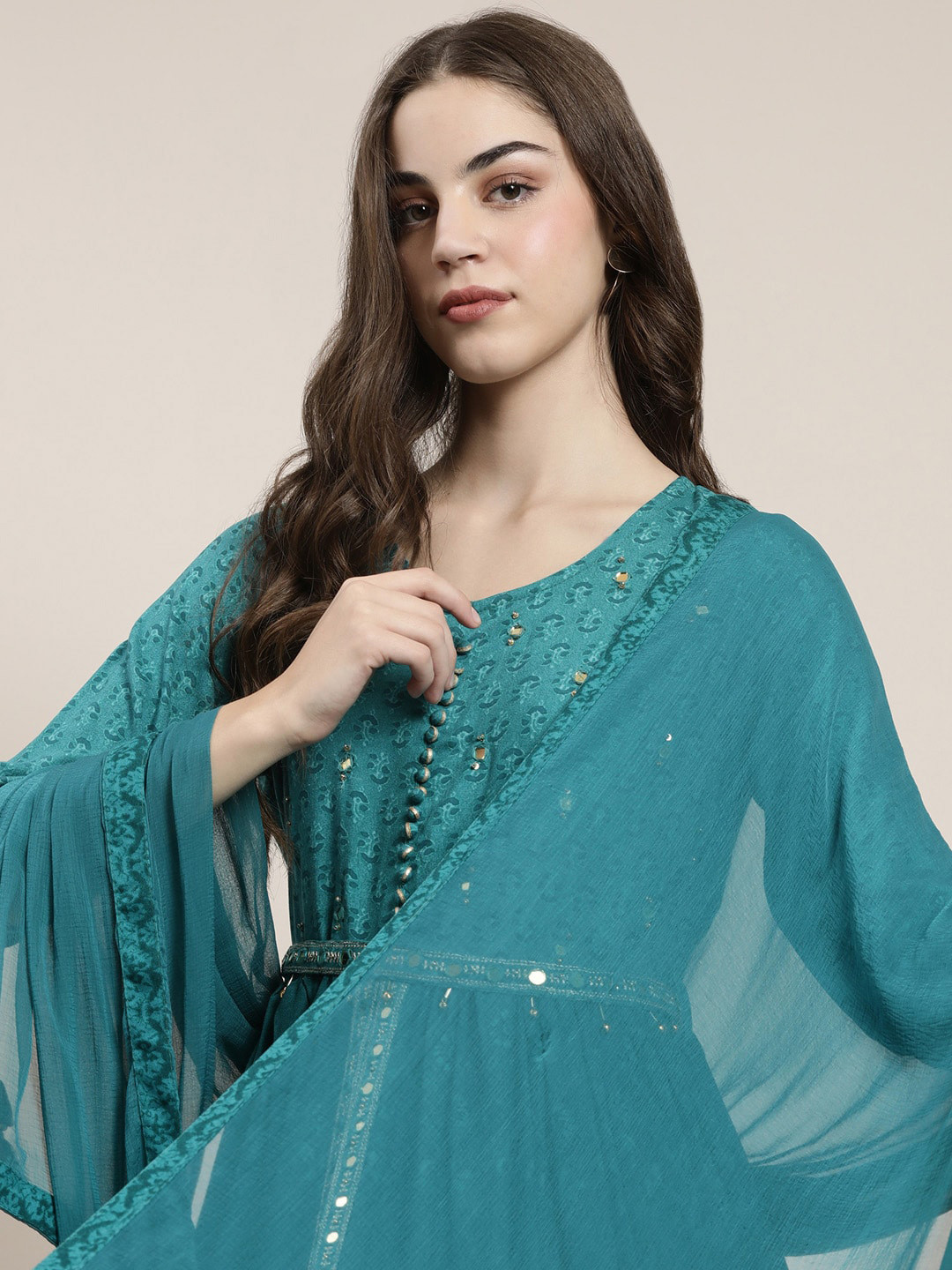 SHOWOFF Floral Printed High Slit Mirror Work Anarkali Kurta With Trousers & Dupatta