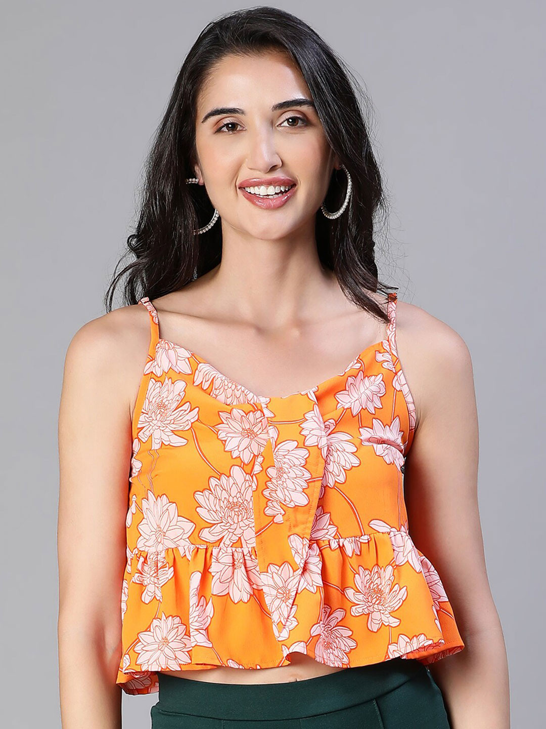 Oxolloxo  Floral Printed Shoulder Strap Peplum Crop Top