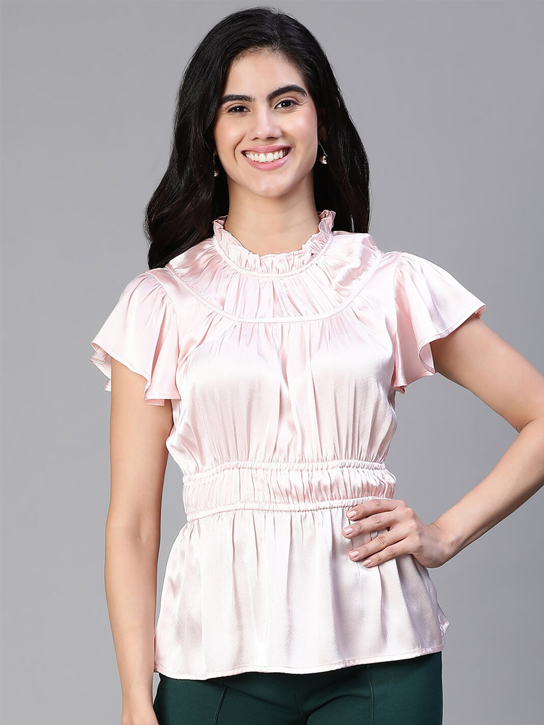 Oxolloxo High Neck Flutter Sleeve Ruffles Satin Cinched Waist Top