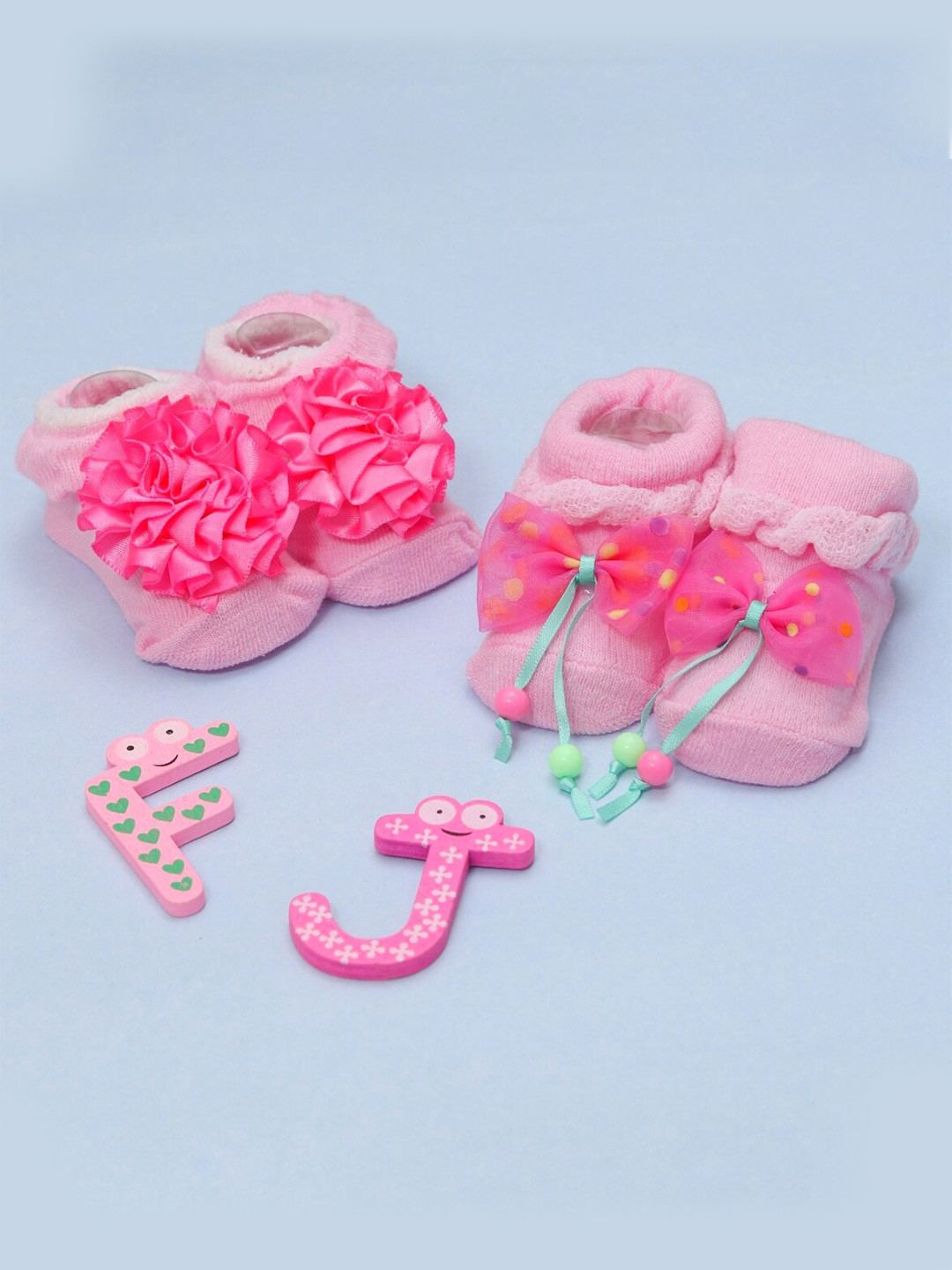 Yellow Bee Infant Girls Pack Of 2 Flower & Bow Embellished Ankle Length Cotton Socks