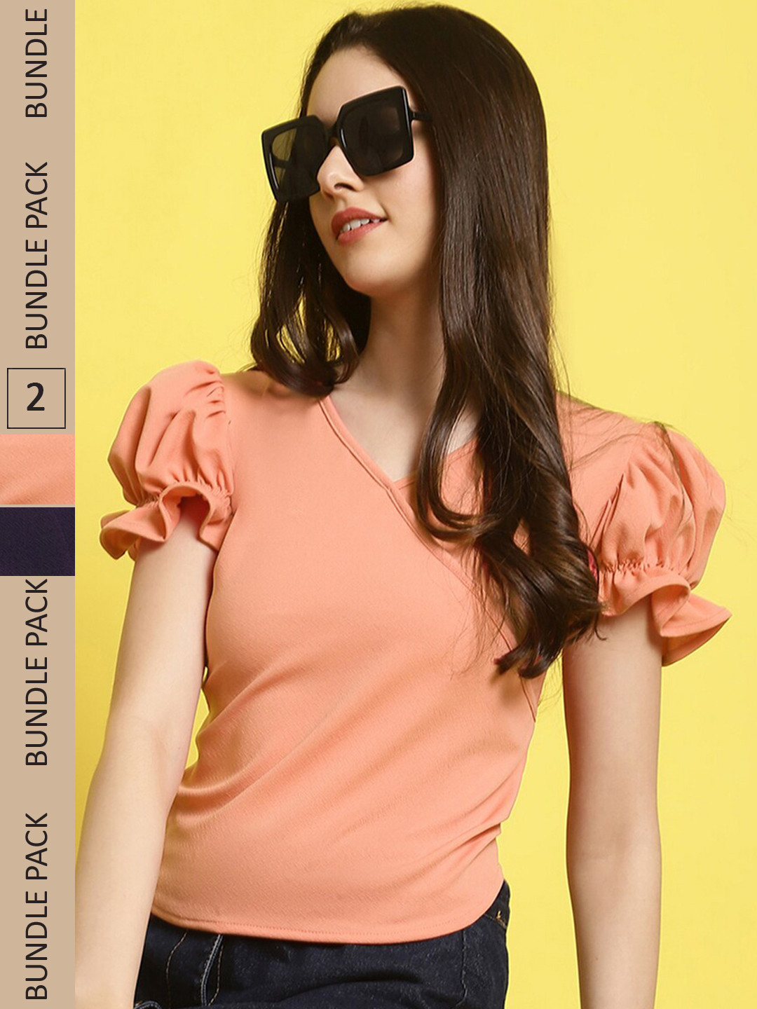 Fabflee Pack Of 2 Sweetheart Neck Puff Sleeve Peplum Top