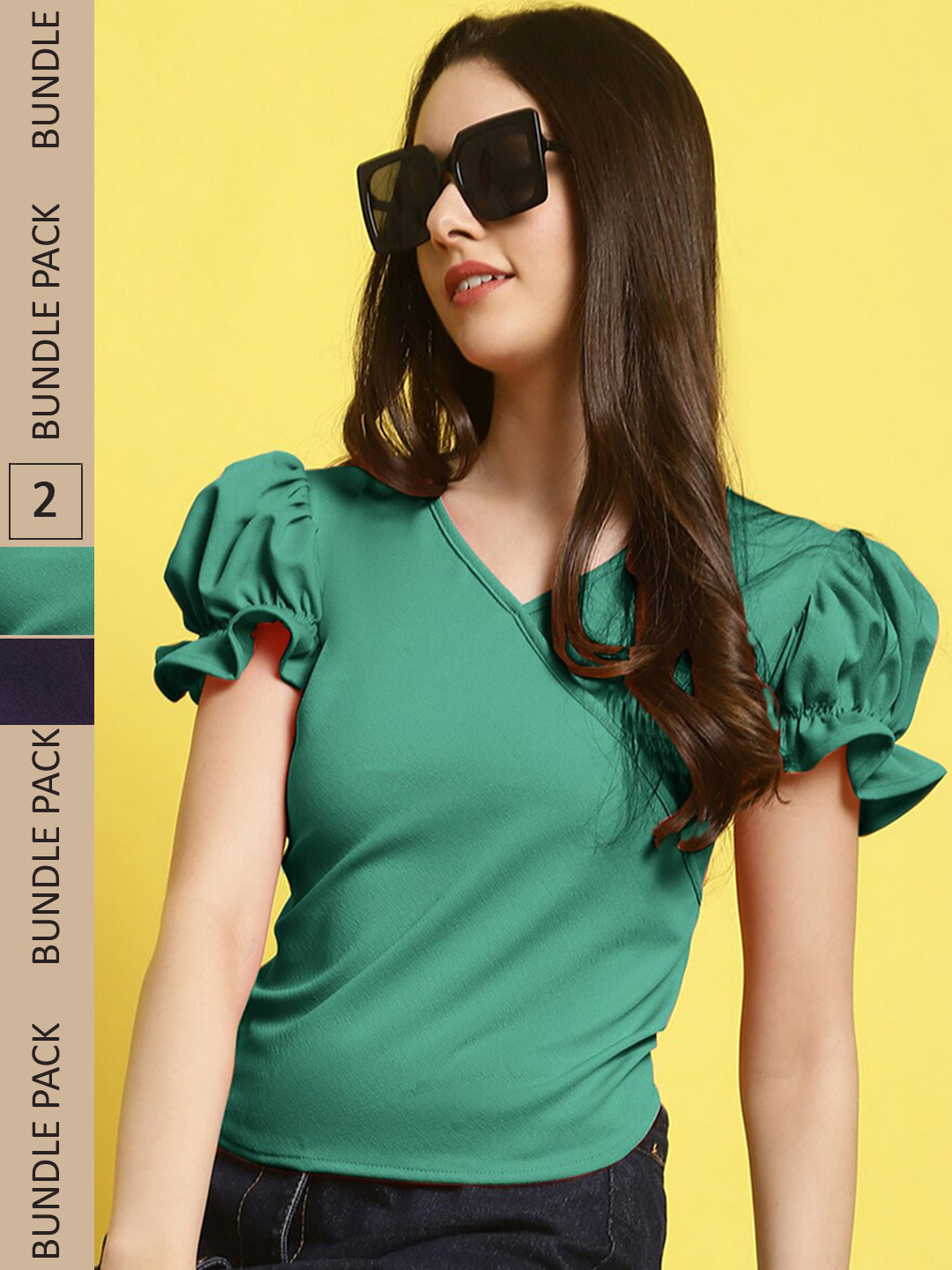 Fabflee Pack Of 2 Sweetheart Neck Puff Sleeve Peplum Top