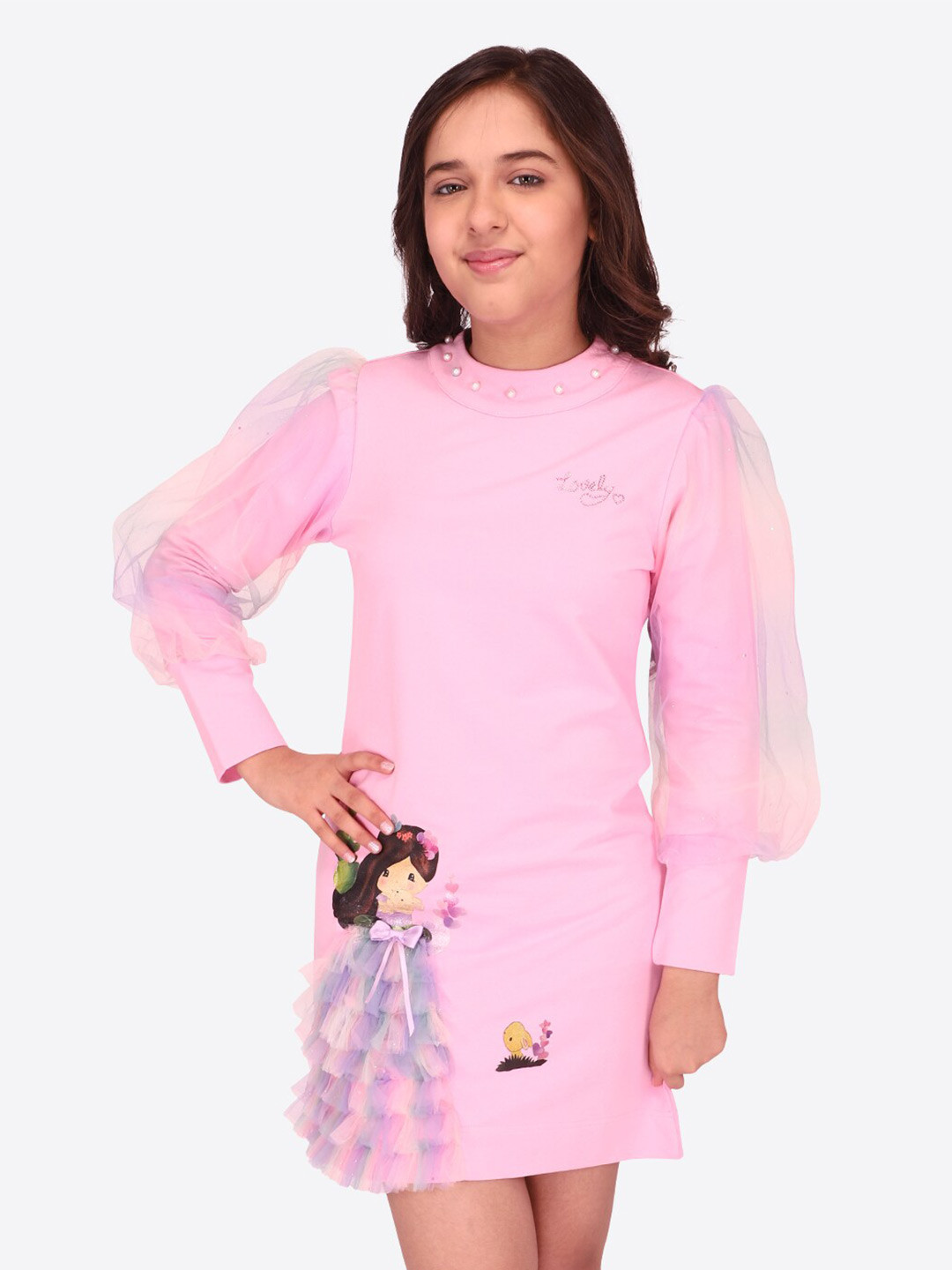 CUTECUMBER Girls Graphic Printed Bishop Sleeves Applique Sheath Mini Dress