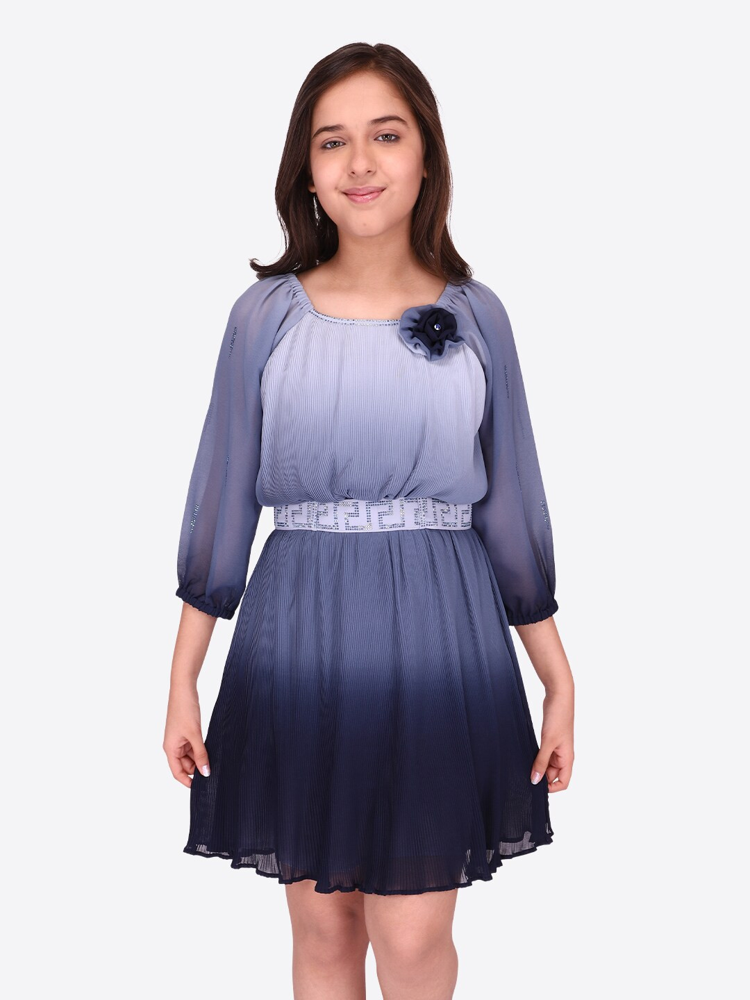 CUTECUMBER Girls Tie & Dyed Puff Sleeves Fit & Flare Dress