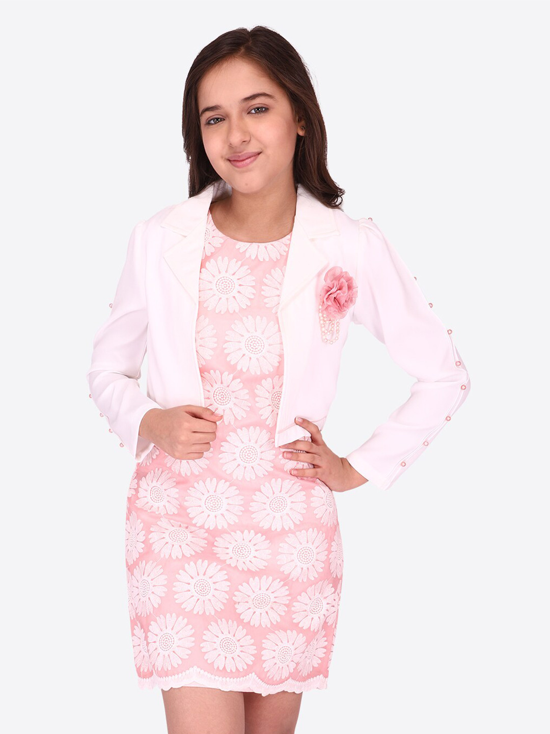 CUTECUMBER Girls Floral Embroidered Applique Sheath Dress With Shrug