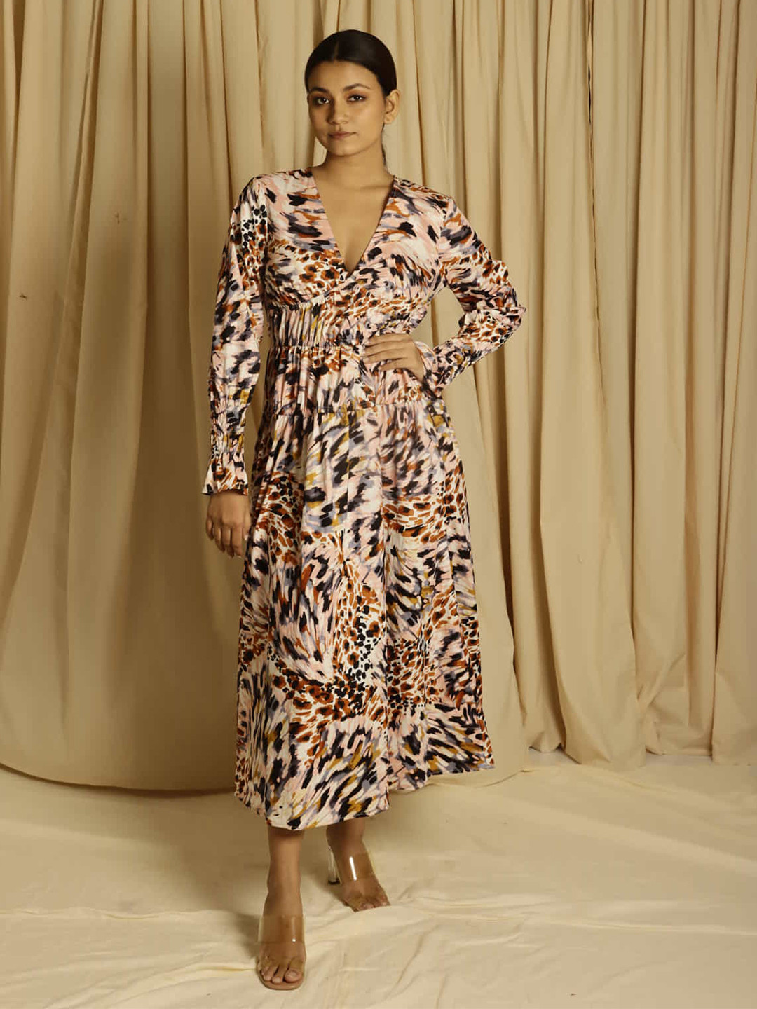 ELEVEN.O.ONE Animal Printed V-Neck Bell Sleeves Cotton Empire Dress