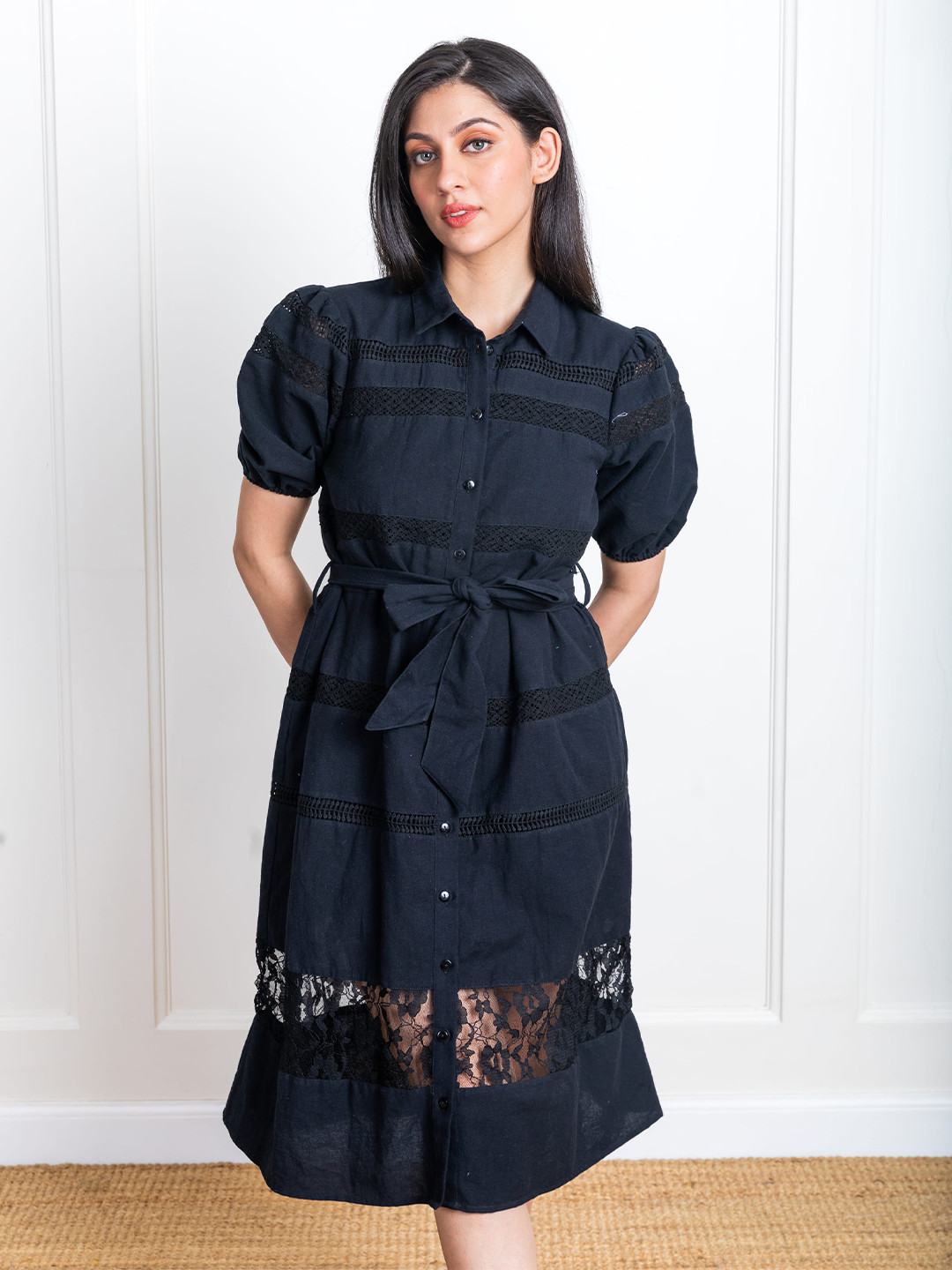 ELEVEN.O.ONE Shirt Collar Puff Sleeve Lace-Up Cotton Shirt Dress