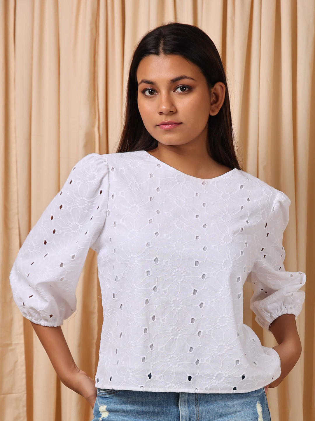 ELEVEN.O.ONE Self Design Puff Sleeves Schiffli Cotton Regular Top