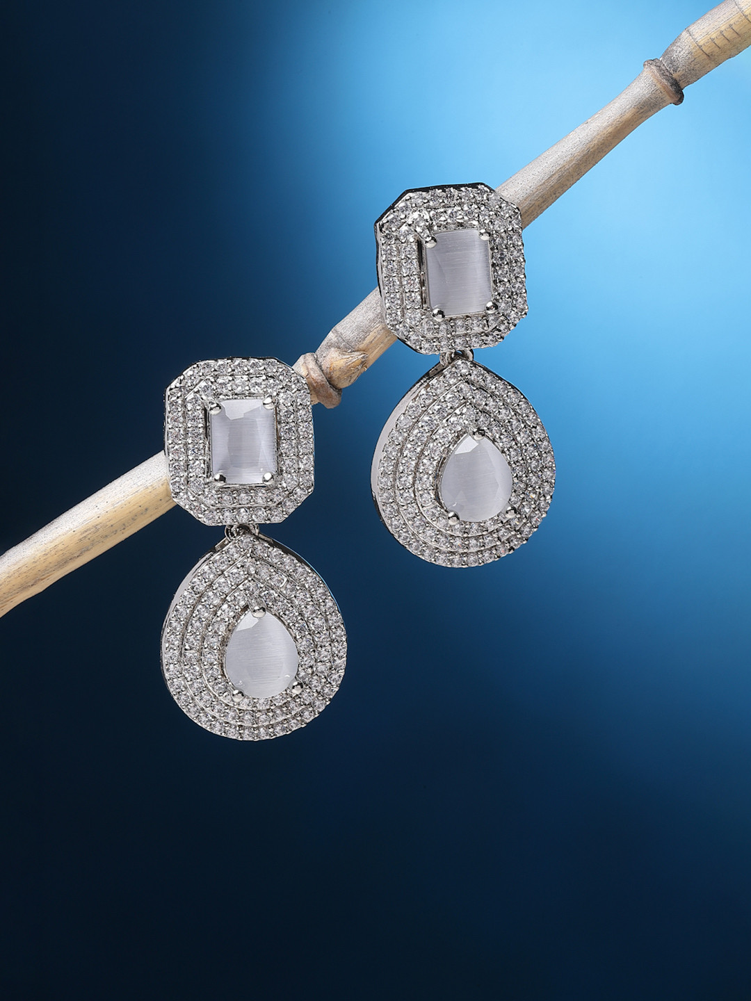 ZENEME Rhodium-Plated Teardrop Shaped Drop Earrings