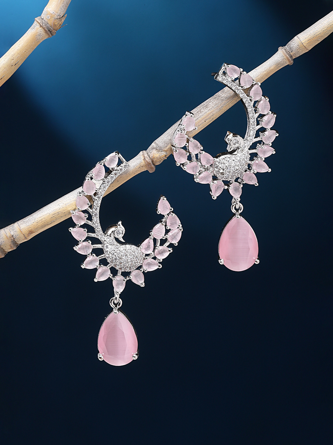 ZENEME Rhodium-Plated American Diamond Studded Feather Shaped Drop Earrings