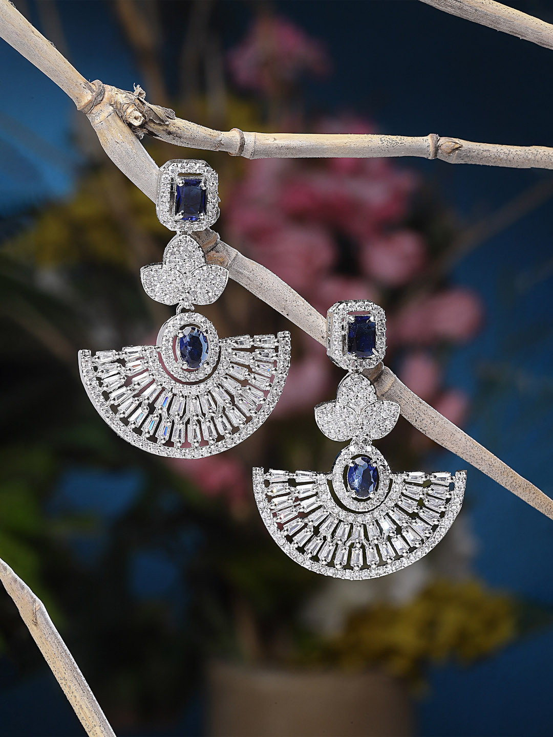 ZENEME  Rhodium Plated Silver Toned Blue Dangler Earrings