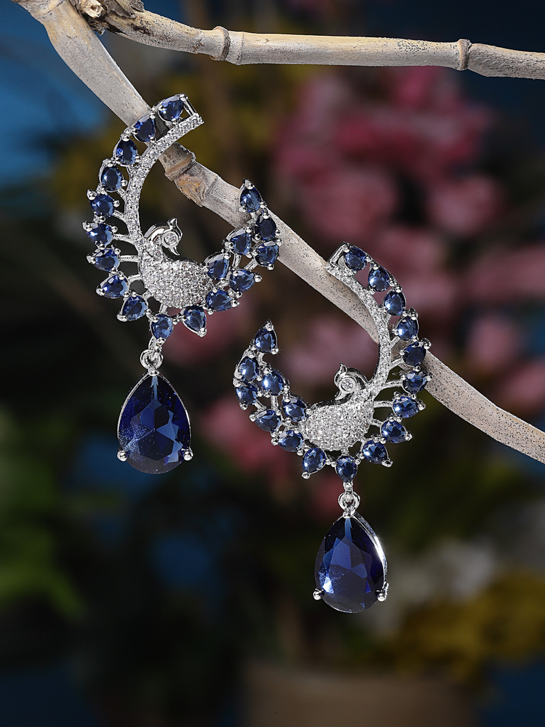 ZENEME Rhodium-Plated AD Studded Peacock Shaped Drop Earrings