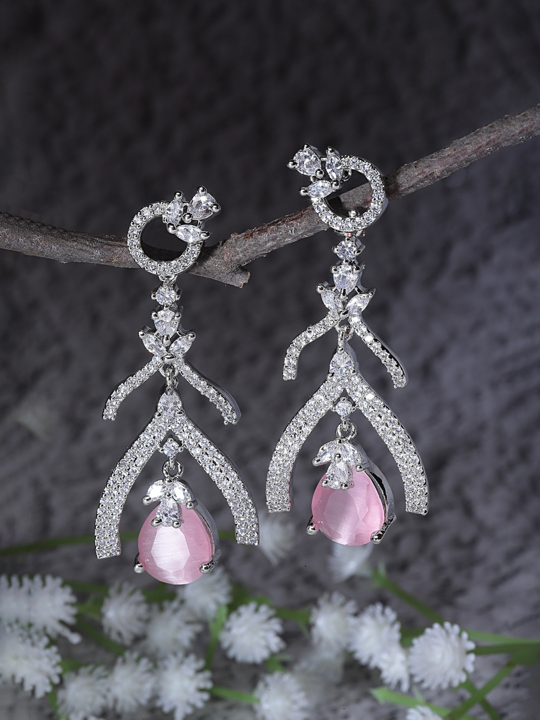 ZENEME Rhodium-Plated Pink American Diamond Studded Teardrop Shaped Drop Earrings