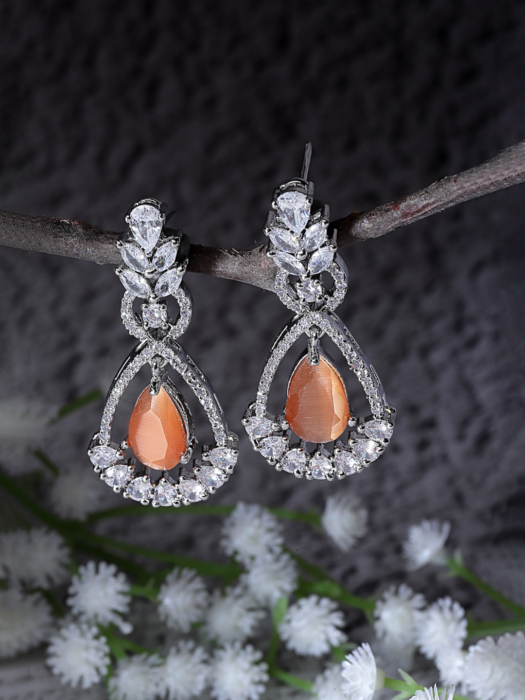 ZENEME Rhodium-Plated Teardrop Shaped Drop Earrings