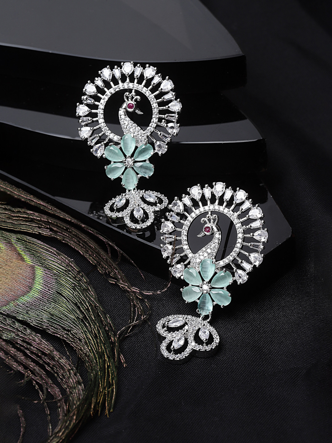 ZENEME Rhodium-Plated American Diamond Studded Sea Green Peacock Shaped Drop Earrings