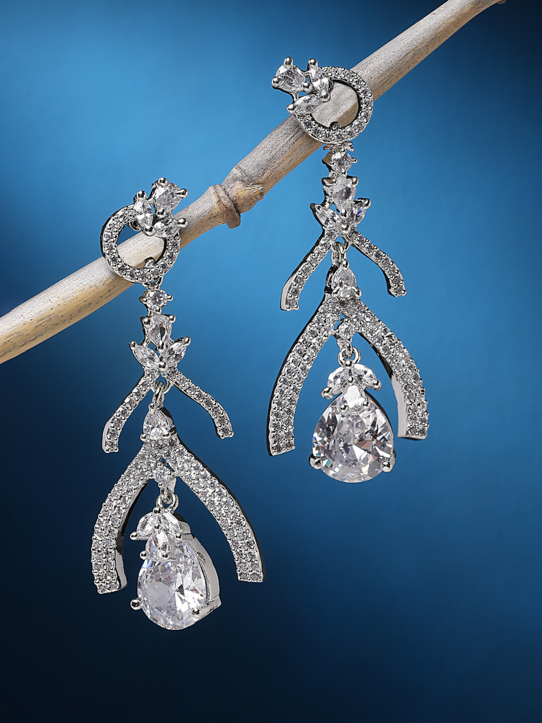 Rhodium-Plated White American Diamond Studded Teardrop Shaped Drop Earrings