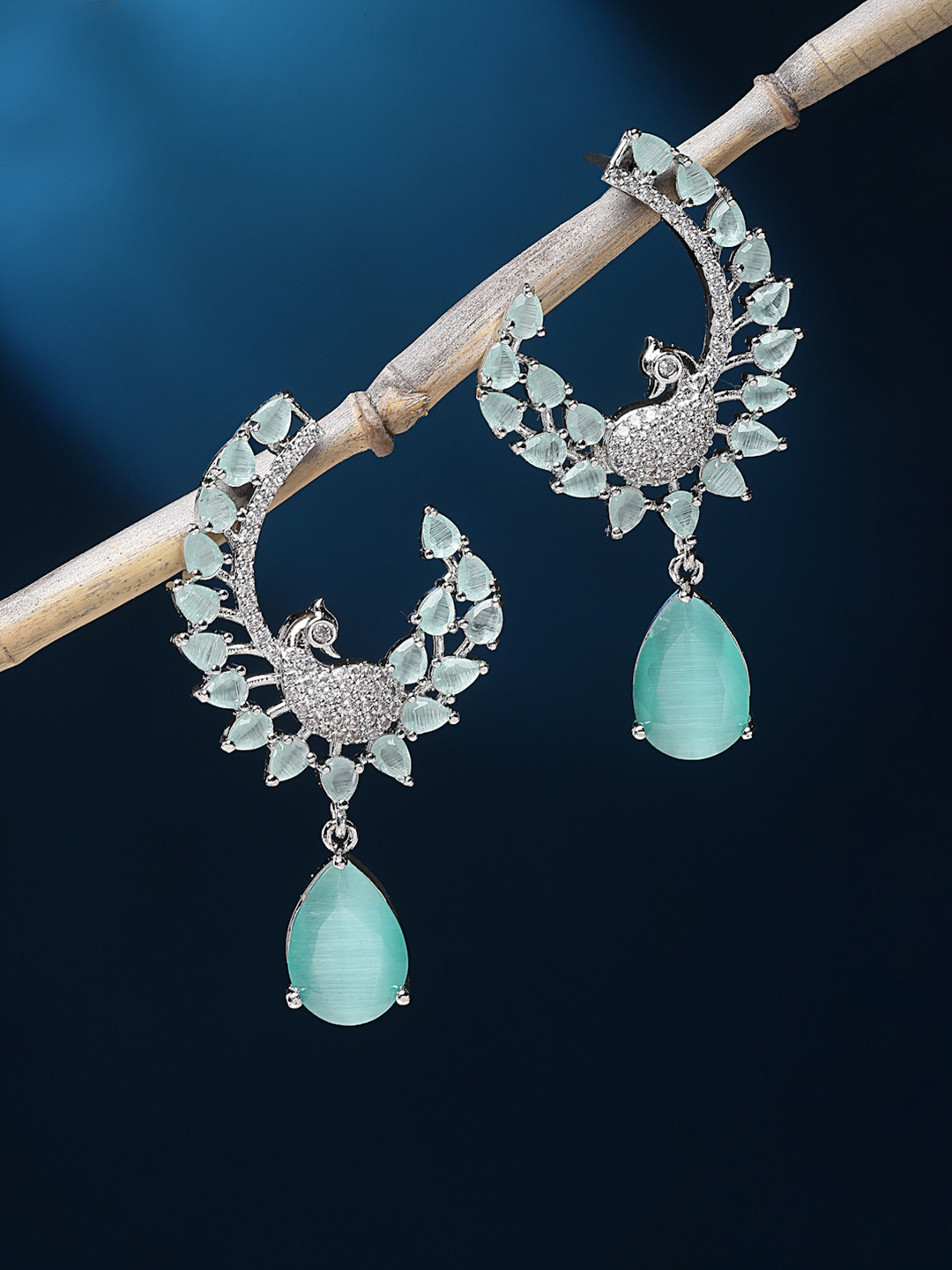ZENEME Rhodium-Plated Sea Green American Diamond Studded Peacock Shaped Drop Earrings