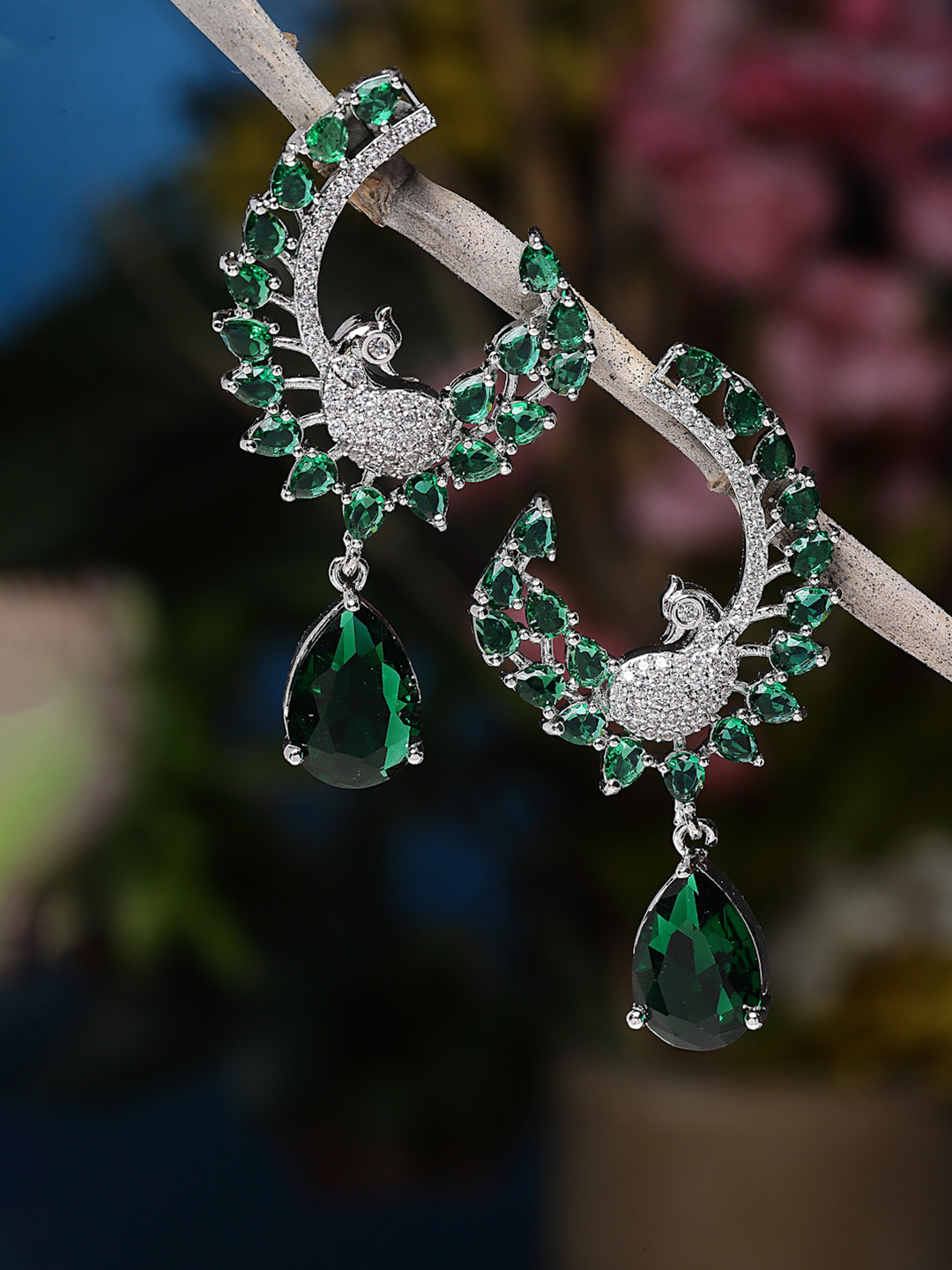 ZENEME Rhodium-Plated American Diamond Studded Feather Shaped Drop Earrings