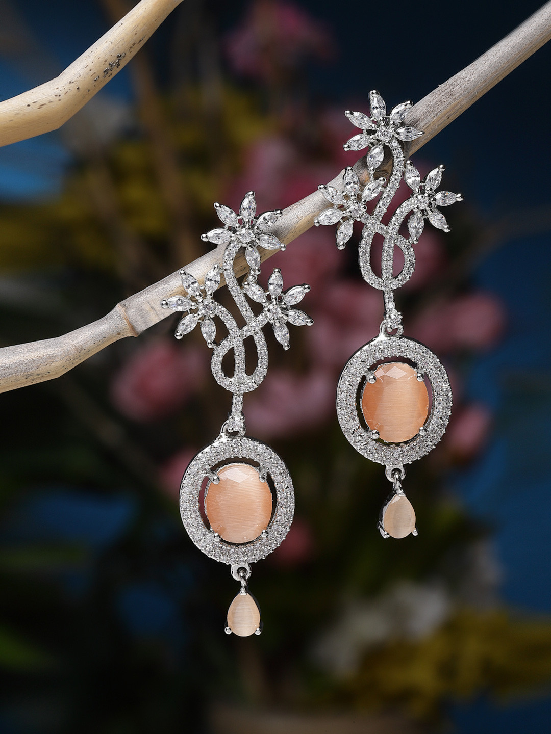 ZENEME Rhodium-Plated Orange American Diamond Studded Drop Earrings