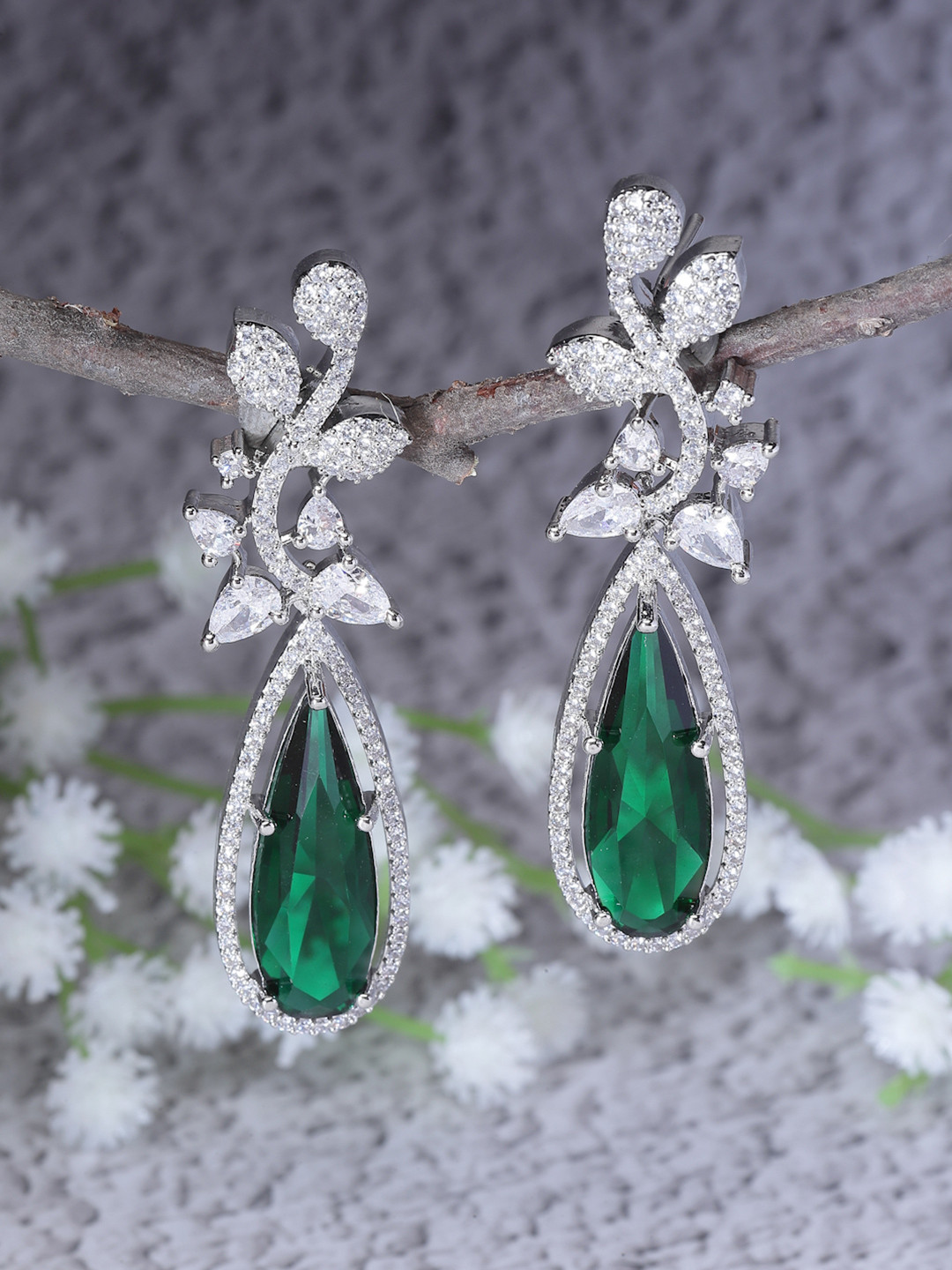 ZENEME Rhodium-Plated American Diamond Studded Teardrop Shaped Drop Earrings