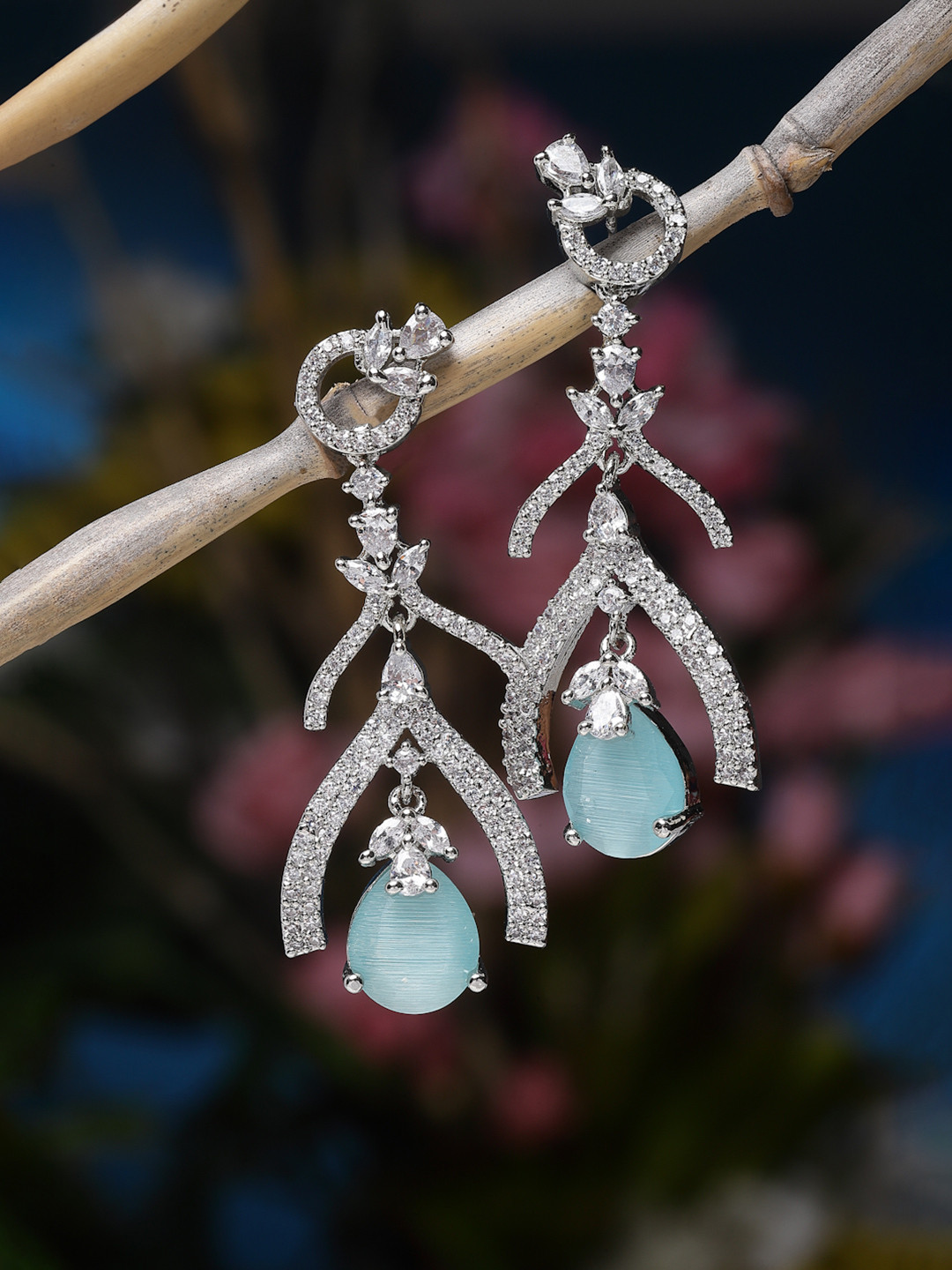 Rhodium-Plated Blue American Diamond Studded Teardrop Shaped Drop Earrings