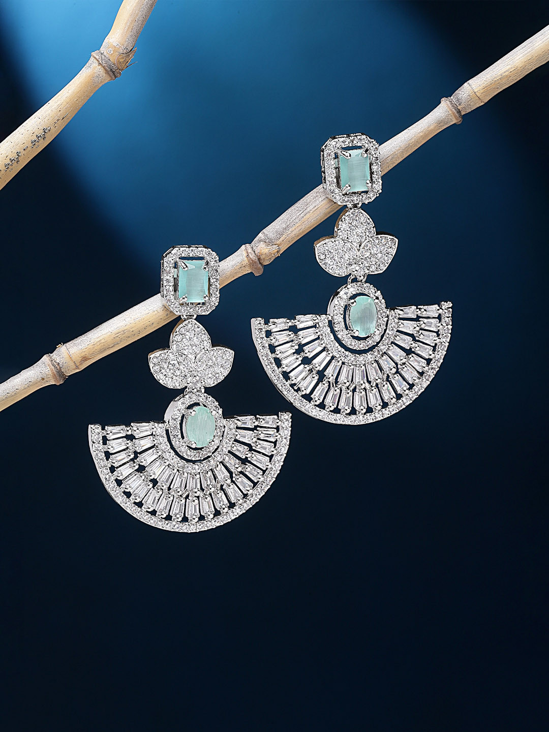 ZENEME Rhodium Plated Silver Toned Sea Green Dangler Earrings