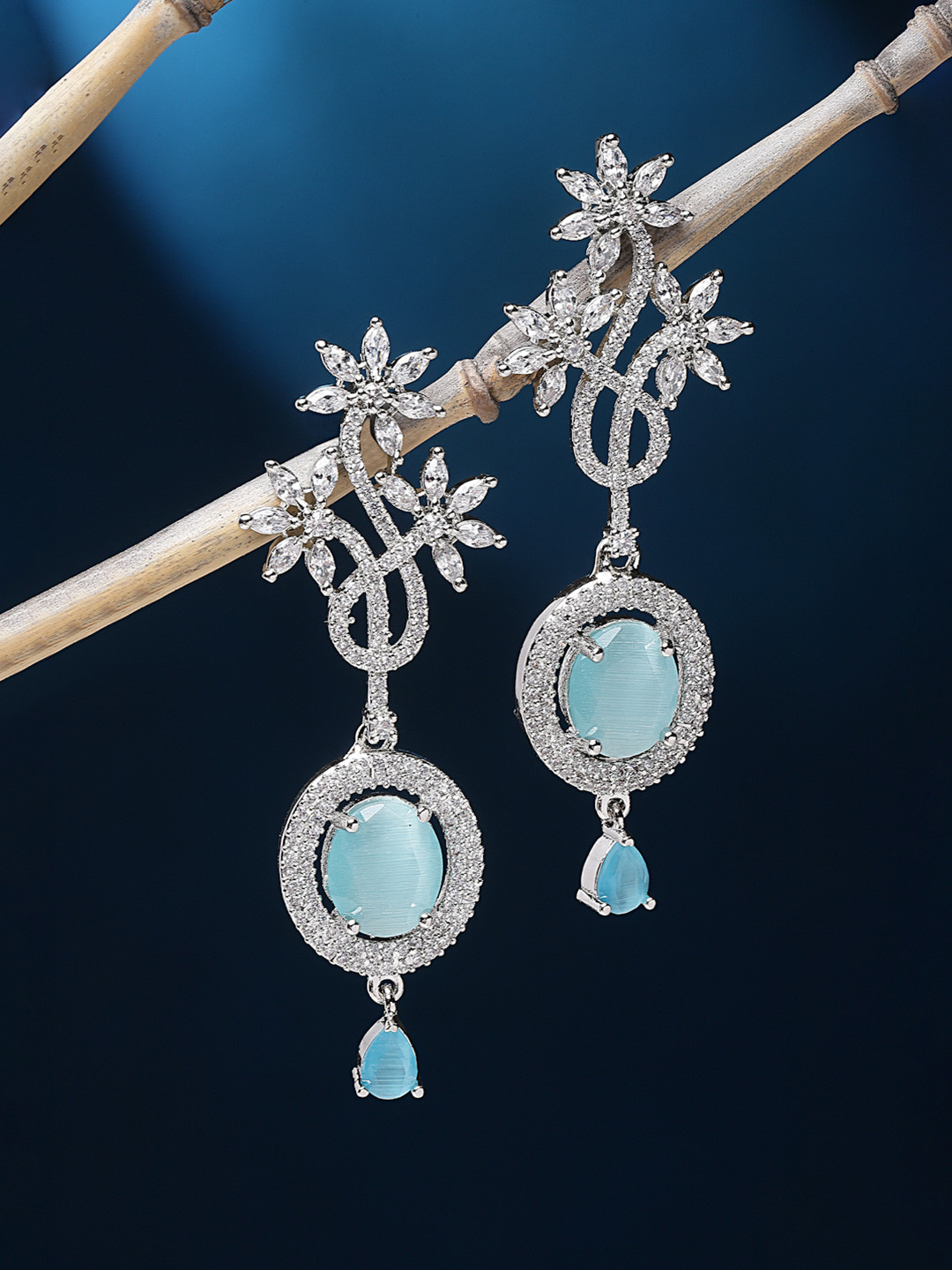 Rhodium-Plated Blue American Diamond Studded Drop Earrings