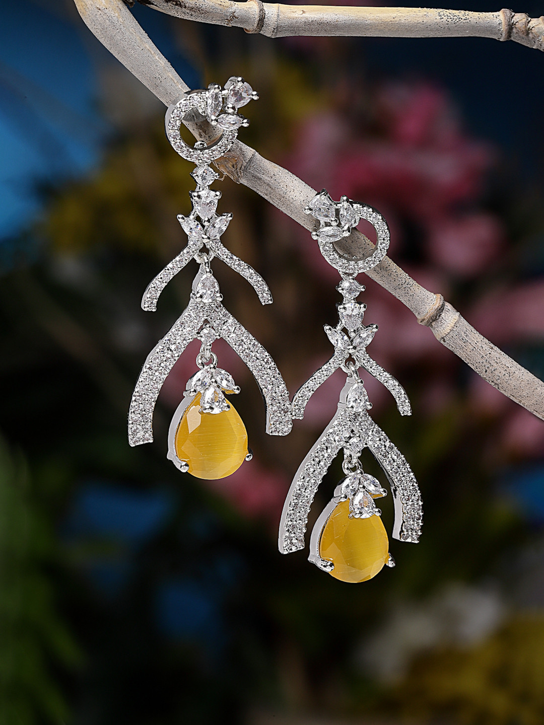 Rhodium-Plated Yellow American Diamond Studded Teardrop Shaped Drop Earrings