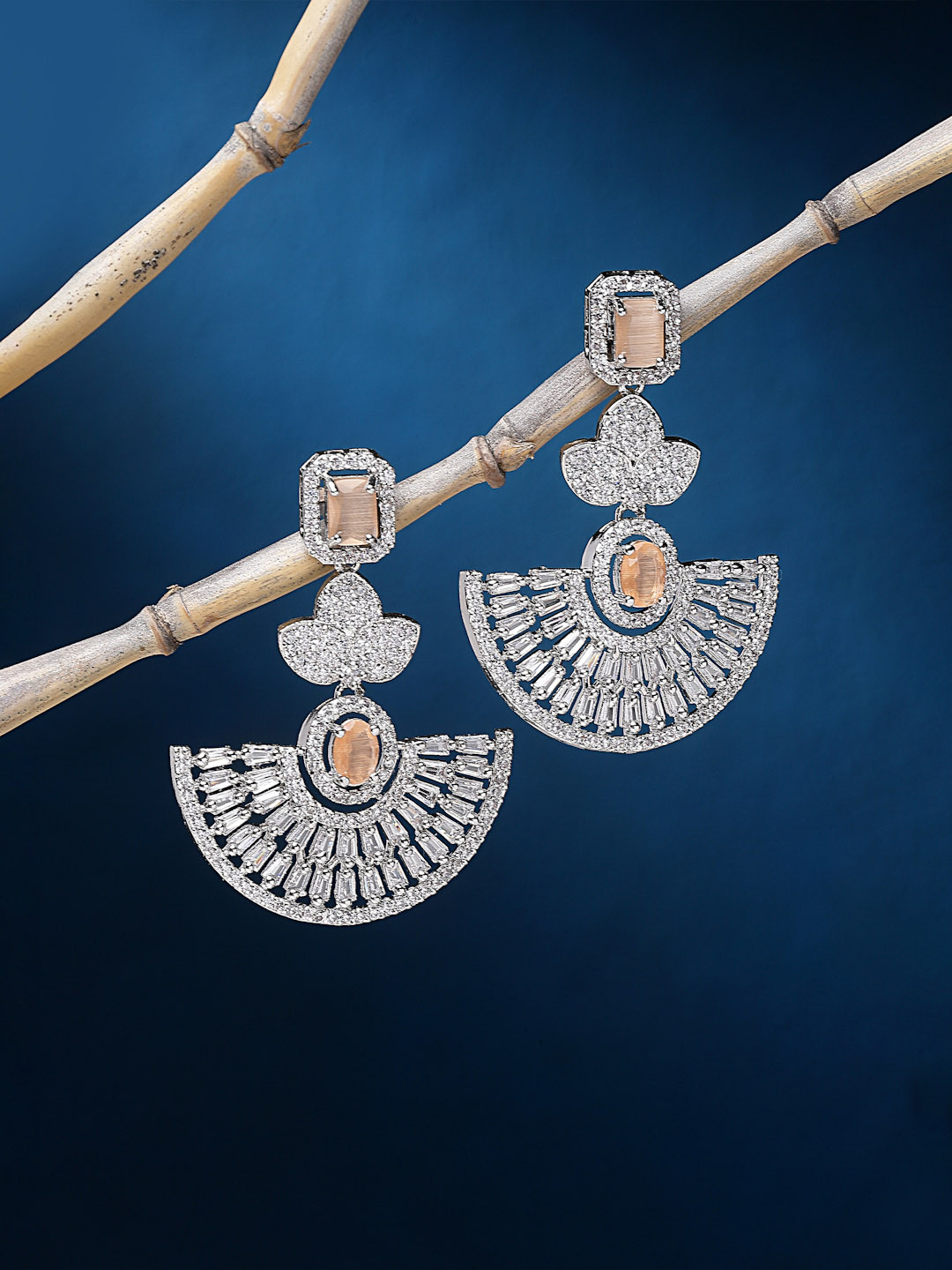 ZENEME  Rhodium Plated Silver Toned Orange Dangler Earrings