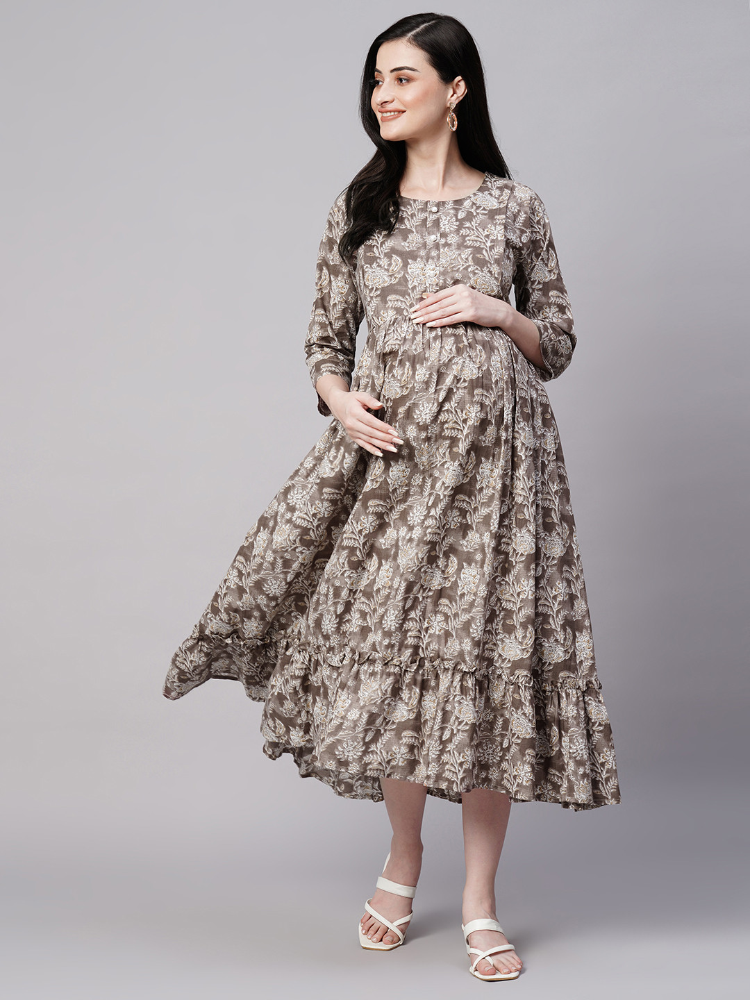 Aanyor Florals Print Gathered Detail Cotton  Maternity Fit and Flare Dress