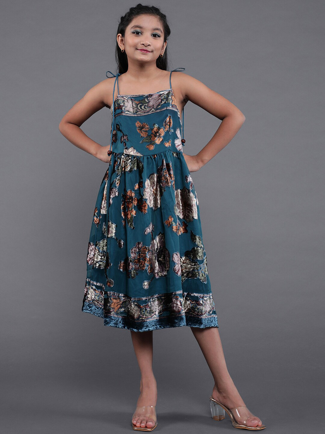 Aks Kids Girls Floral Printed Fit & Flare Brasso Midi Dress
