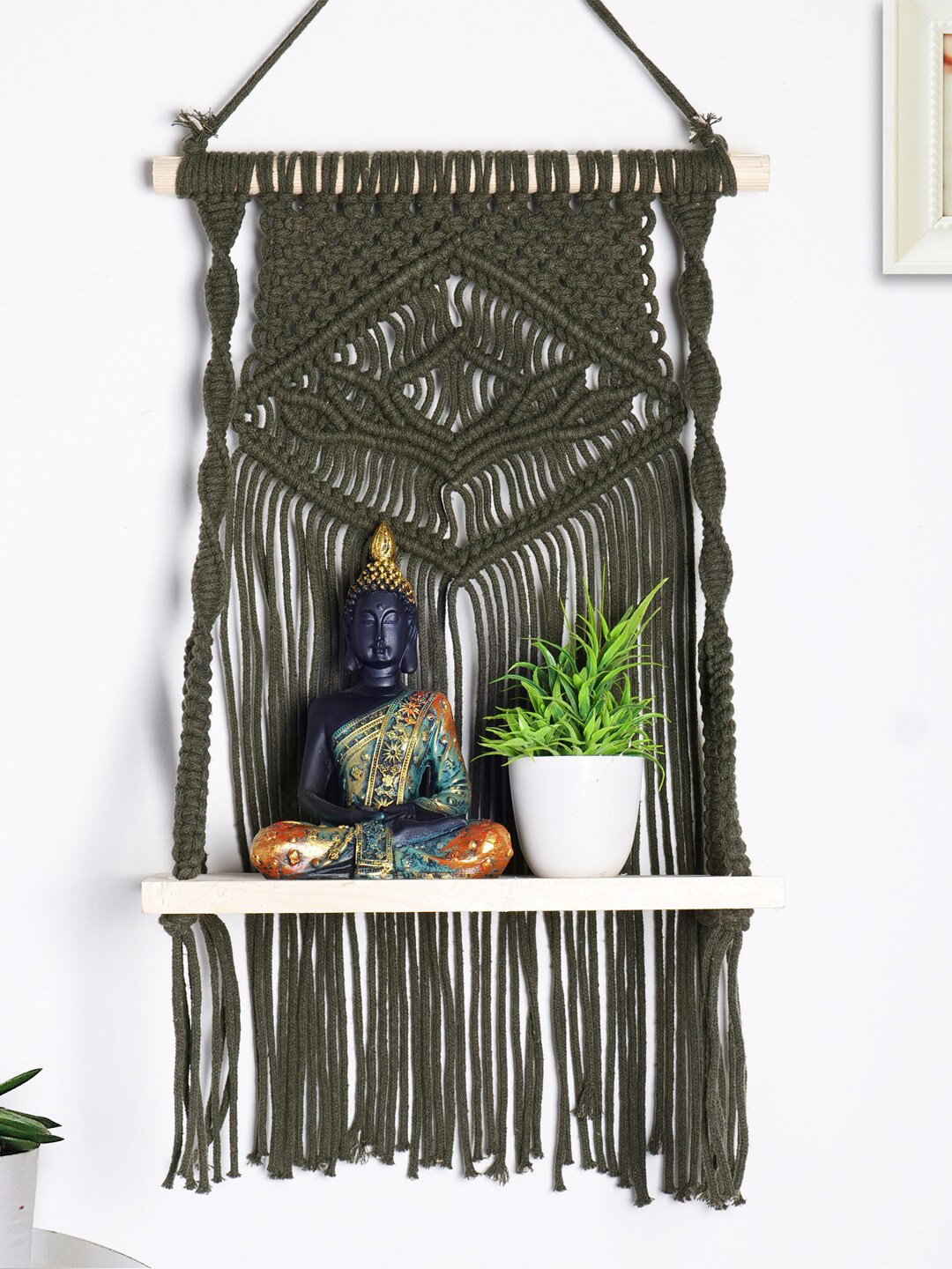 Decazone Olive Green Wood Macrame Wall Hanging Shelf