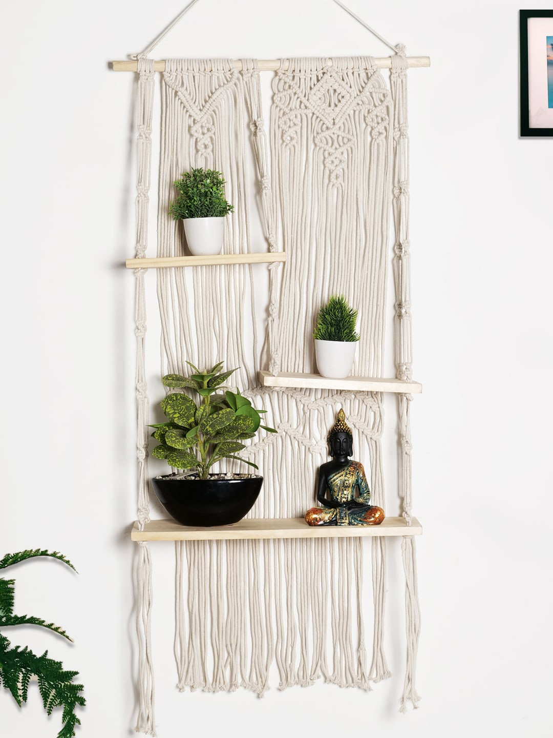 Decazone Beige Wood Macrame Wall Hanging Shelf
