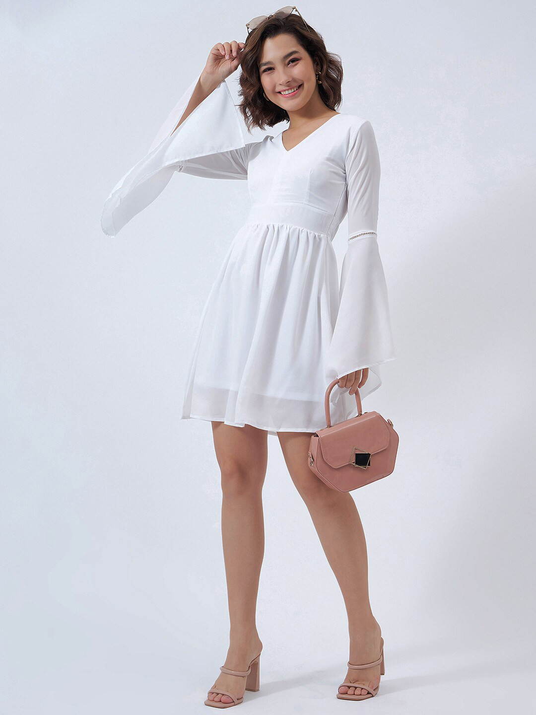 COLOR CAPITAL V-Neck Bell Sleeve Pleated Georgette Fit & Flare Dress