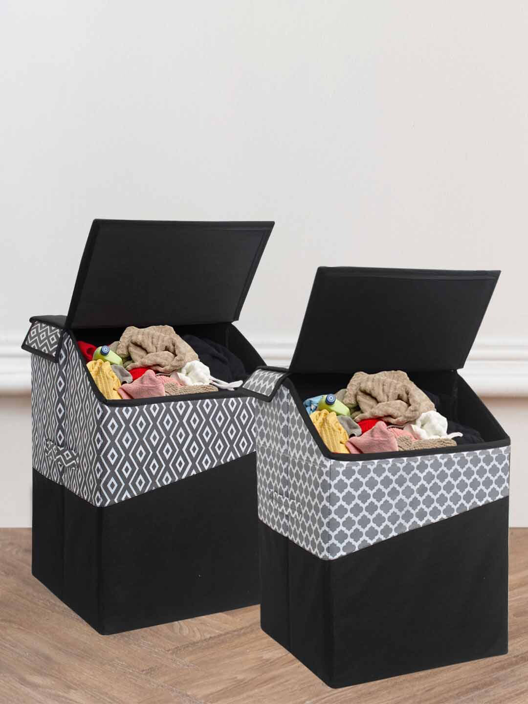 prettykrafts 2 Pcs Black & White Printed Foldable Laundry Basket With Lid