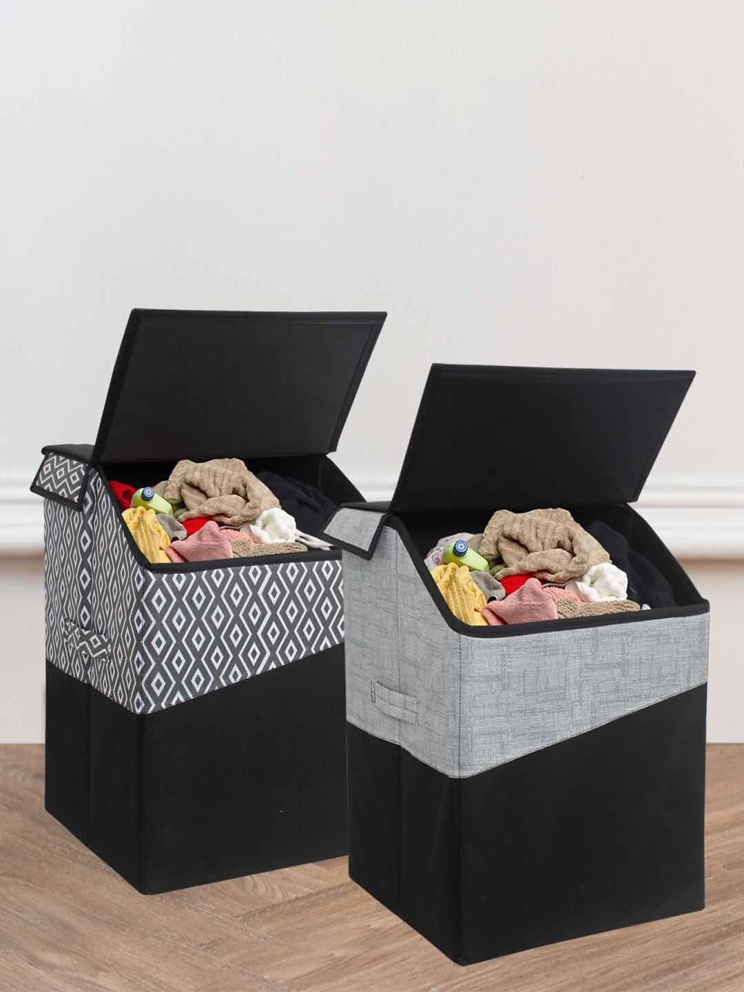 prettykrafts Black 2 Pieces Square Shape Laundry Basket