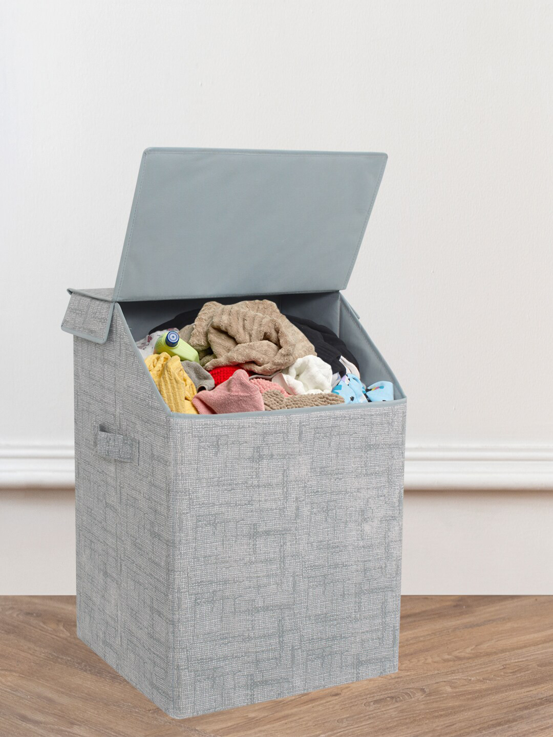 prettykrafts Grey Foldable Laundry Basket With Lid