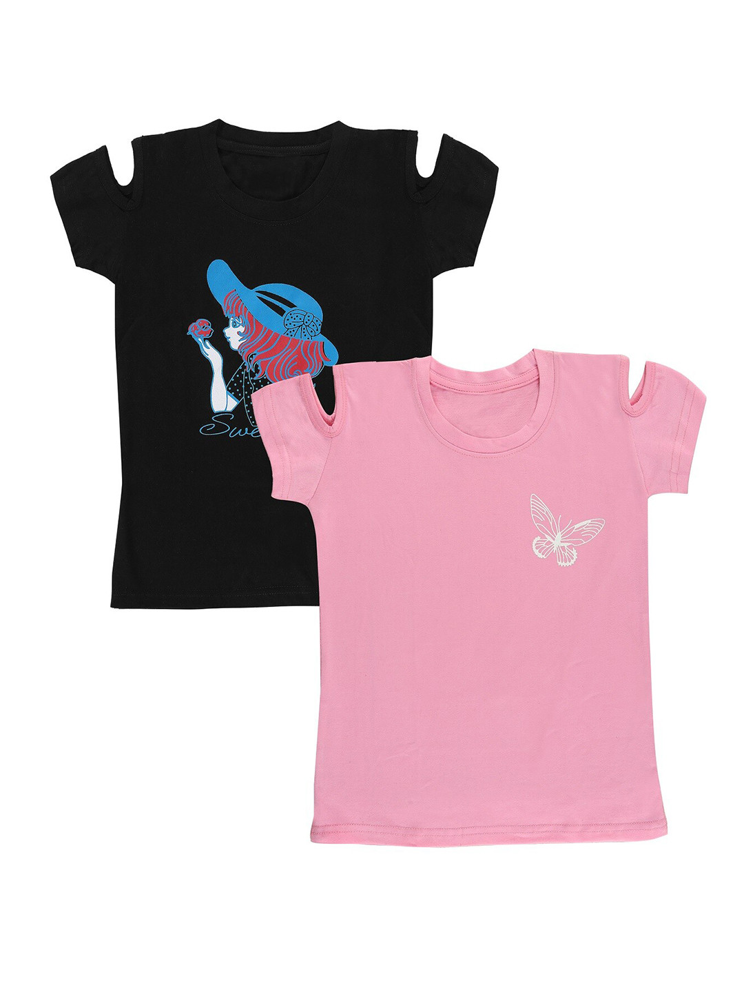BAESD Girls Pack Of 2 Graphic Printed Cotton Cut Outs T-shirt