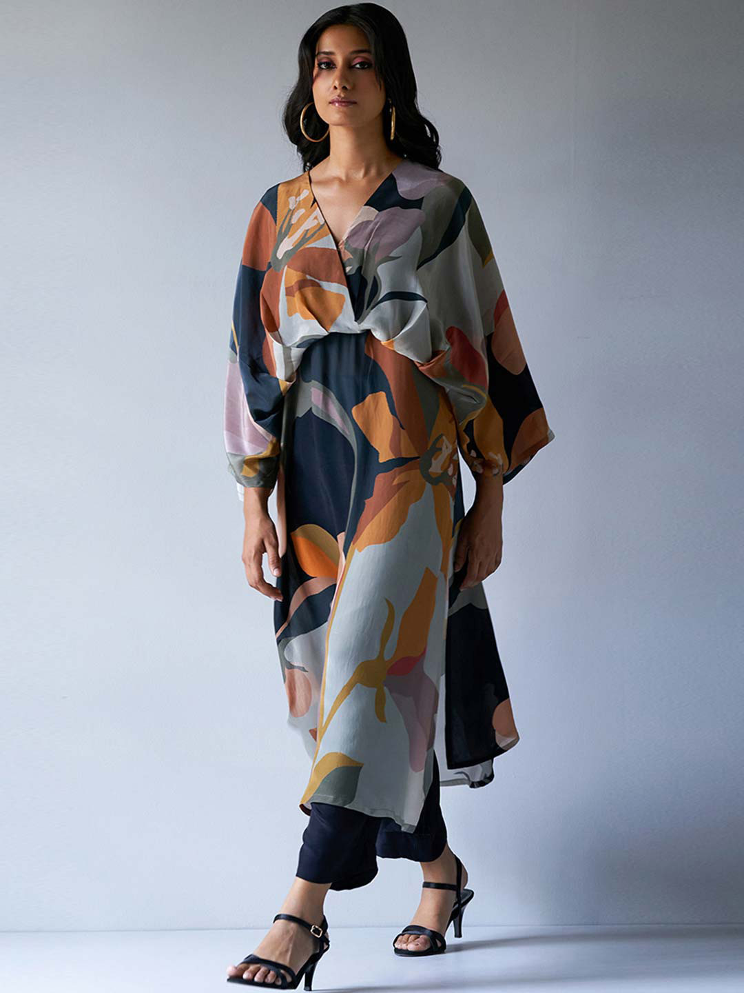 Ganga Floral Printed Kimono Sleeves V-Neck A-Line Kurta with Trousers