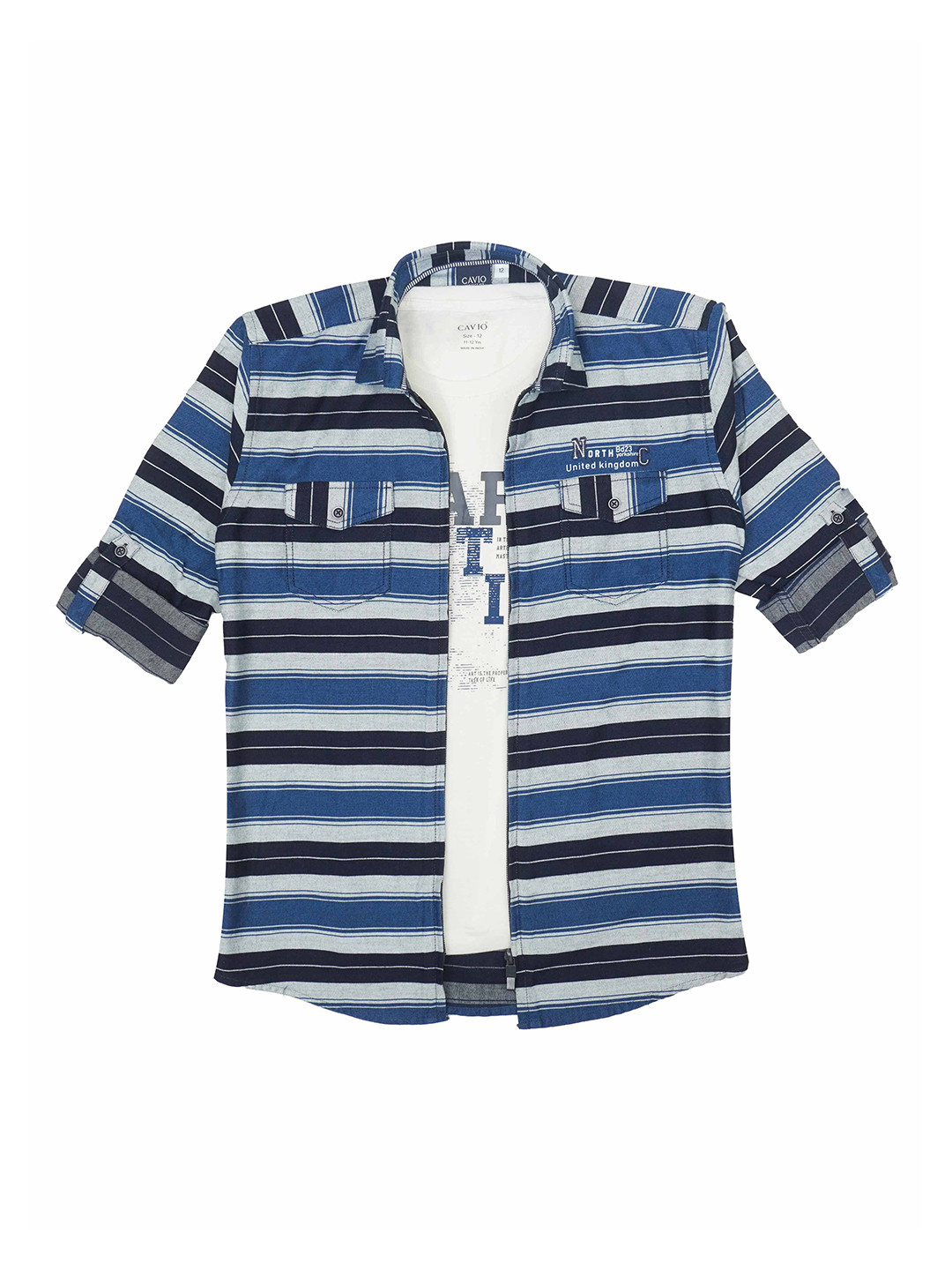 CAVIO Boys Comfort Horizontal Striped Roll-Up Sleeves Pure Cotton Jacket With T-Shirt