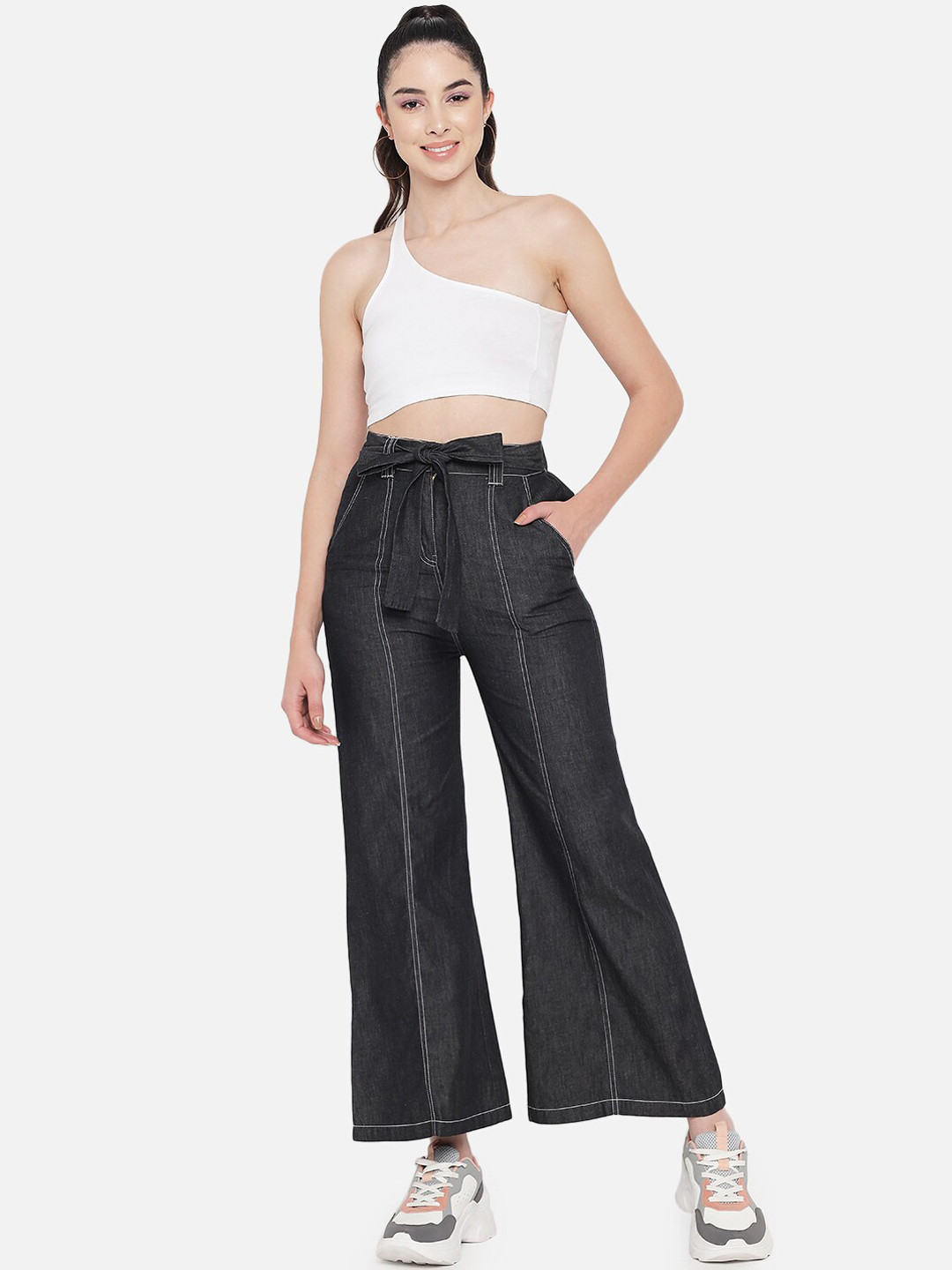 Chemistry Women Clean Look High-Rise Belted Pure Cotton Flared Jeans