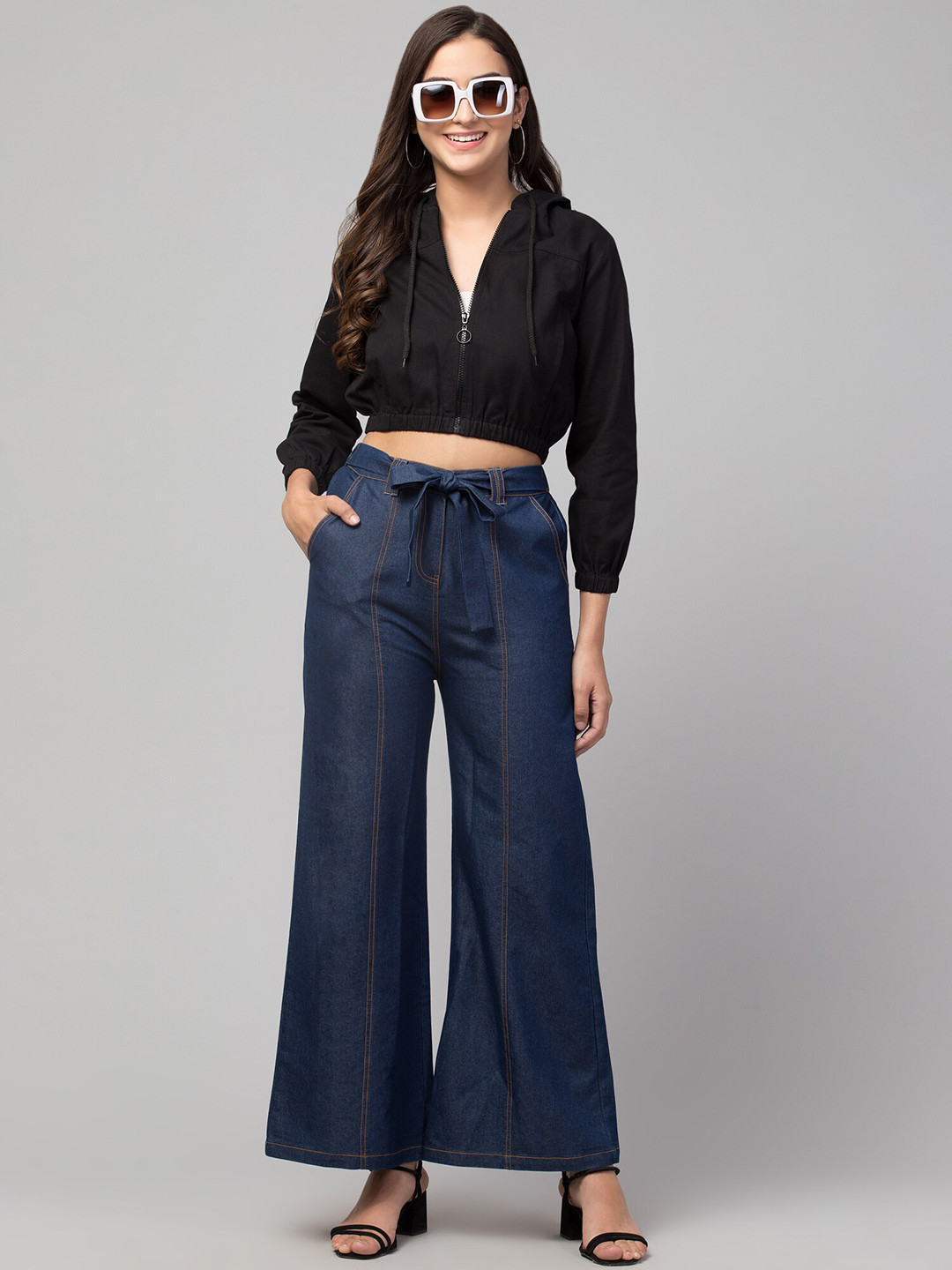 Chemistry Women Clean Look High-Rise Belted Pure Cotton Flared Jeans