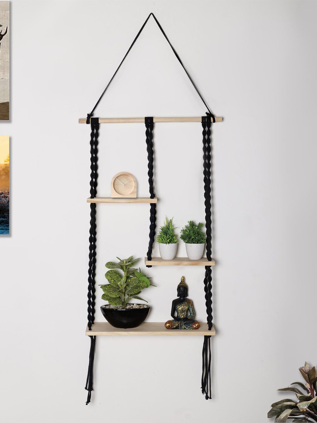 Decazone Black & Beige Wood Macrame Wall Hanging Shelf
