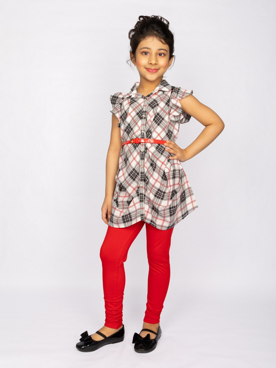 Peppermint Girls Checked Print Shirt Collar Short Sleeve Clothing Set