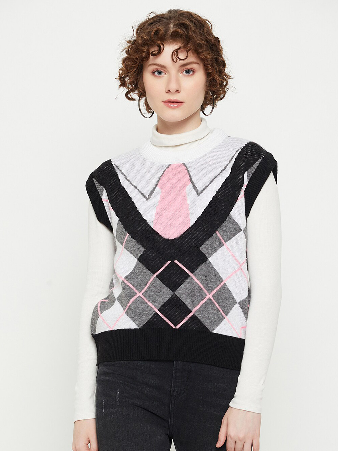 KASMA Self Design Geometric Woollen Sweater Vest
