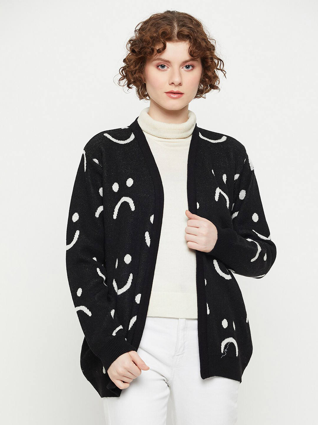 KASMA Quirky Printed Woolen Front-Open Sweater
