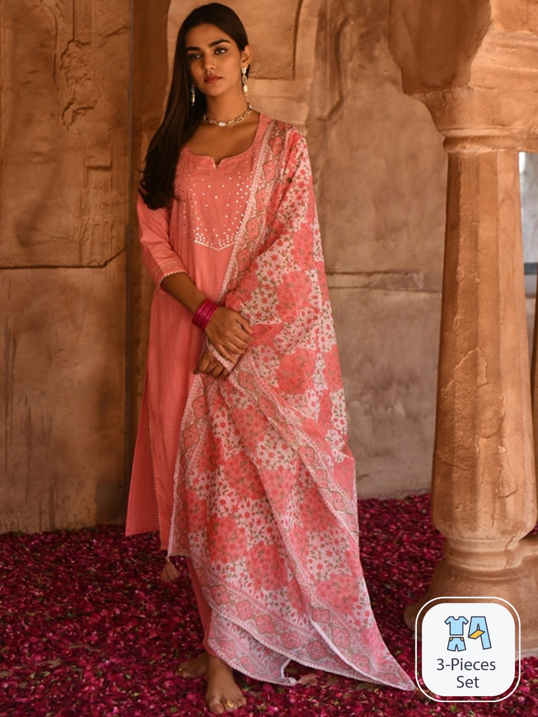 KARAJ JAIPUR Yoke Design Notched Neck Mirror Work Straight Kurta with Trousers & Dupatta