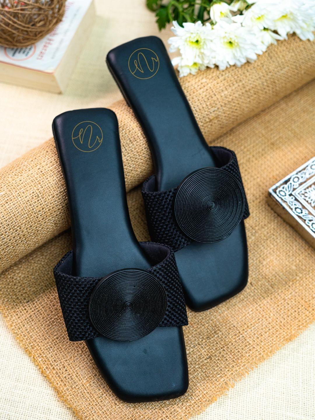NR By Nidhi Rathi Black Embellished Open Toe Flats
