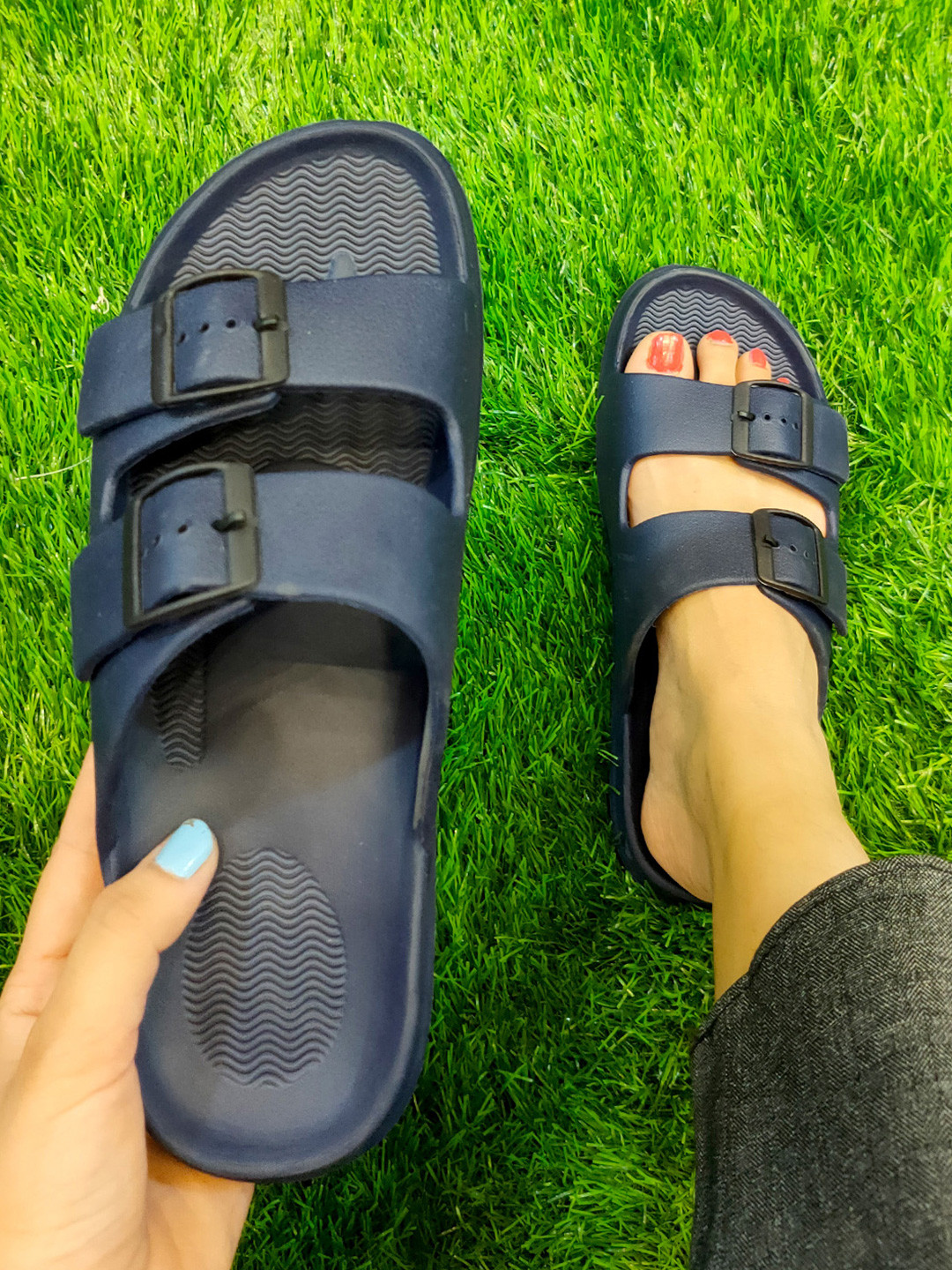 Action Women Two Strap Rubber Sliders With Buckles