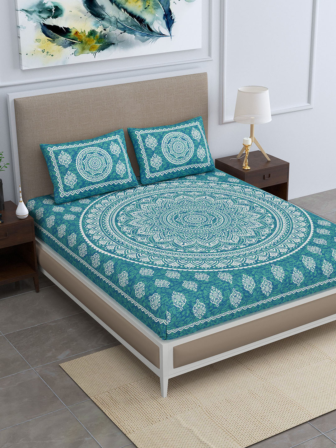 SheetKart Sea Green Ethnic Motifs Cotton 120 TC Queen Bedsheet with 2 Pillow Covers-210 x 240 cm